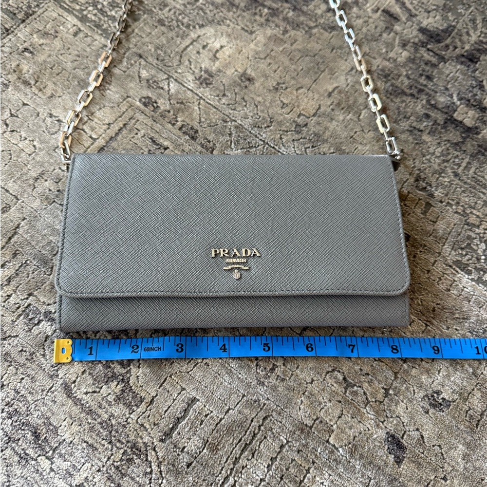 Prada Gray Saffiano Leather Clutch with Chain